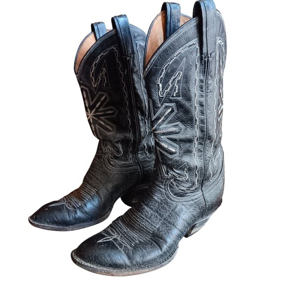 8.5D Vintage Cowboy Boots Men's Tony Lama Black Label Leather 1970's USA